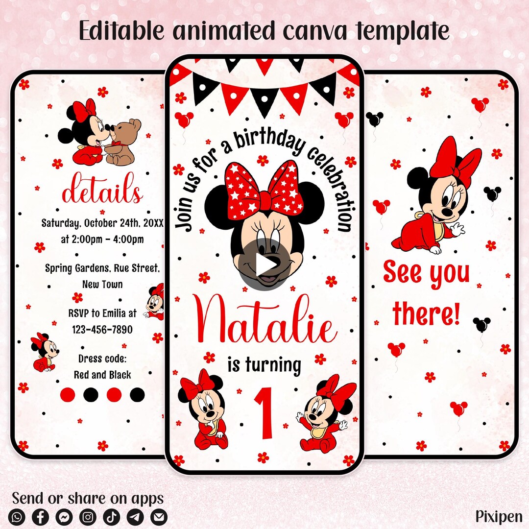 Minnie Mouse 1st Birthday Invitation Editable Minnie Mouse Digital ...