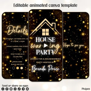 Uitnodiging housewarmingfeest uitnodiging housewarmingfeest bewerkbare digitale uitnodiging housewarming evite zwart-gouden housewarmingsuitnodiging