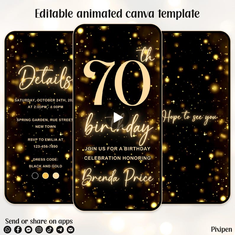 May include: An animated Canva template for a 70th birthday celebration. The design features a black and gold color scheme with sparkling accents. The invitation includes event details, RSVP information, and a dress code.