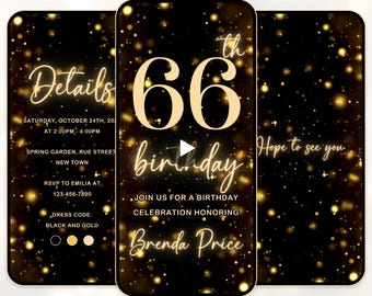 convite de aniversário de 66 anos brilhante convite de aniversário de 66 anos brilhante preto e dourado convite de aniversário de 66 anos digital convite digital evite