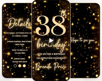 Inbjudan till 38-årsdag, glittrande 38-årsdagsinbjudan, glittrande svart och guld, digital 38-årsdagsinbjudan, digital inbjudan, evite