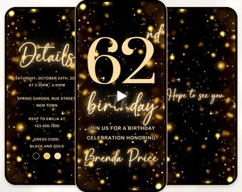 convite de aniversário de 62 anos brilhante convite de aniversário de 62 anos brilhante preto e dourado convite de aniversário de 62 anos digital convite digital evite