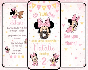 Invitación editable para el segundo cumpleaños de Minnie Mouse, rosa, invitación de cumpleaños de Minnie Mouse, segunda invitación digital de Minnie Mouse, 2 Minnie Mouse evite