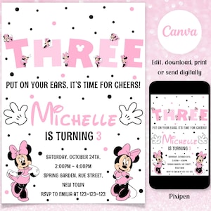 Minnie mouse 3rd birthday invitation for girls Editable 3rd Minnie mouse birthday party invitation for girl 3 birthday invitations for girls