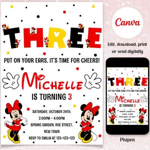 Minnie mouse 3rd birthday invitation for girls Editable 3rd Minnie mouse birthday party invitation for girl 3 birthday invitations for girls