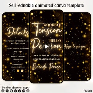 Addio tensione, benvenuto invito alla pensione modificabile, invito alla pensione Gold, invito alla festa di pensionamento, invito alla festa di pensionamento