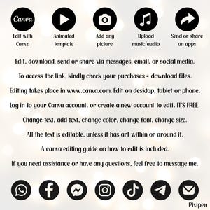 May include: Image with Canva logo and icons for editing, animated templates, adding pictures, uploading music, and sharing on apps. Text includes instructions for editing, downloading, and accessing the link. It also mentions editing on desktop, tablet, or phone.