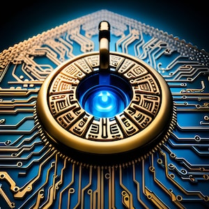 May include: A gold-colored, circular, intricate design with a blue light in the center, set against a blue circuit board.