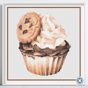 Cookie Cupcake Kreuzstichmuster, Dessert Kreuzstich, süße Leckerei Stickerei, Cupcake Wandkunst, Backdekor, leckere Cupcake Geschenkidee