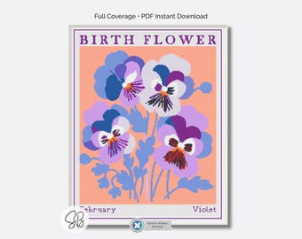 Februar Geburtsmonat Kreuzstichmuster, moderne florale Veilchen, Sofort Download, Stickmuster mit Floss
