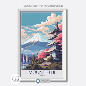 Può includere: Una stampa incorniciata con il Monte Fuji in Giappone. L'opera raffigura la montagna, una pagoda e alberi di fiori di ciliegio in uno stile pixelato. Il testo "Mount Fuji Japan" è in basso, con "Full Coverage • PDF Instant Download" in alto.
