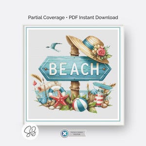 Beach Signpost Cross Stitch Pattern, Coastal Seaside Decor, PDF Digital Download, Floss Conversion Chart