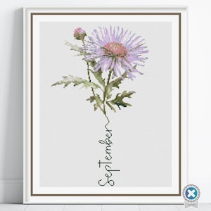 September Birth Month Flower Counted Cross Stitch Pattern, Aster Cross Stitch Pattern, Instant Download, Modern Floral Cross Stitch Gift