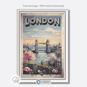 Korsstygnsmönster för Londonresor, heltäckande vintage-resebroderi för nedladdning, tandtrådskonverteringar