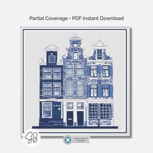 Patrón de punto de cruz de la Casa del Canal de Delft, Ámsterdam, Cerámica Vintage Azul y Blanca, Floss Conversions