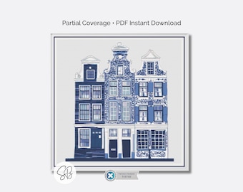 Schema per punto croce della casa sul canale di Delft e Amsterdam, casa in ceramica blu e bianca vintage, conversioni di filo interdentale