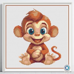 Baby Monkey Cross Stitch Pattern, Monkey Nursery Decor, Infant Monkey Digital PDF Cross Stitch Pattern, Instant Download, Jungle Theme Decor