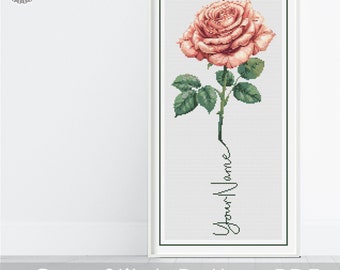 Personalisiertes Juni Geburtsmonat Kreuzstich PDF Muster, BENUTZERDEFINIERTE Rose Geburtsmonat Blume, Blume mit Name, neues Babygeschenk, digitaler Download