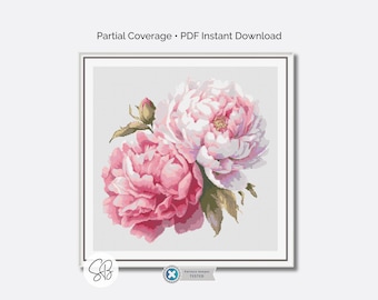 Wzór haftu krzyżykowego „Peonie”, duże różowe kwiaty botaniczne, natychmiastowe pobranie pliku PDF z motywem kwiatowym, konwersja nici