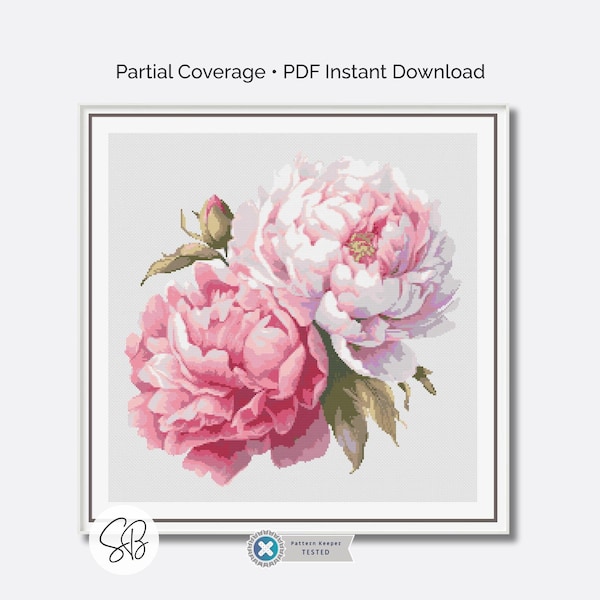 Peonies Cross Stitch Pattern, Large Pink Botanical Flowers, Floral Instant PDF Download, Floss Conversions