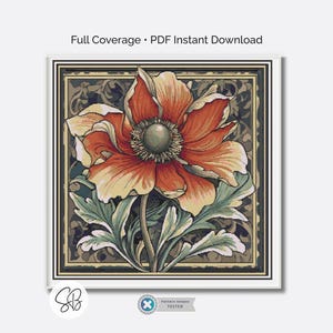 William Morris Red Flower Cross Stitch Pattern, Art Nouveau Embroidery, PDF, PatternKeeper, Floss Conversions