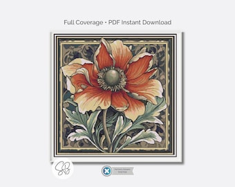 William Morris Red Flower Cross Stitch Pattern, Art Nouveau Embroidery, PDF, PatternKeeper, Floss Conversions