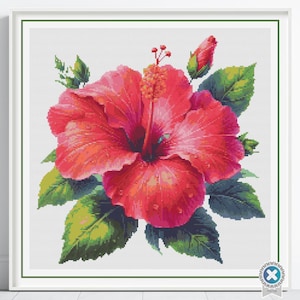 Tropische hibiscus kruissteekpatroon, hibiscusbloem geteld kruissteekpatroon, bloemendecor pdf-steekpatroon, instant download