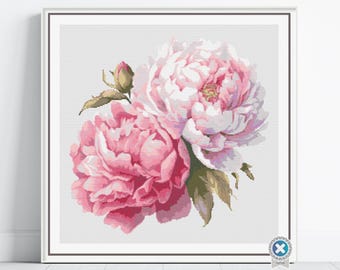 Peony Flowers Counted Cross Stitch PDF Pattern, Large Pink Peony Flowers Cross Stitch Pattern, Flowers PDF Pattern, Instant Download