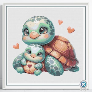 Moeder en baby zeeschildpad kruissteekpatroon, oceaan kinderkamer decor kunst, zeeschildpad zeeleven borduurwerk, DIY strand babycadeau kruissteek