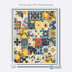 May include: A framed print featuring a patchwork design of decorative tiles with floral and lemon motifs. The color palette includes yellow, blue, and cream. The text "Full Coverage • PDF Instant Download" is at the top.