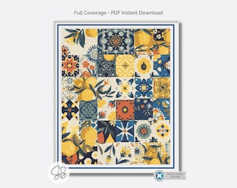 Schema punto croce piastrelle mediterranee, schema a copertura totale mosaico blu e giallo, motivo piastrelle limone