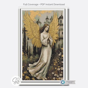 May include: A digital cross stitch pattern featuring an angel with large golden wings, wearing a long white gown, standing in a garden with white and yellow flowers before stone buildings. The text reads Full Coverage PDF Instant Download.