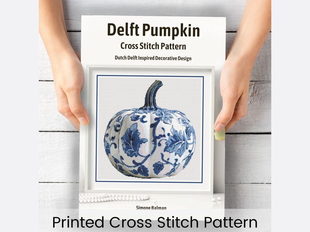 Printed Delft Pumpkin Cross Stitch Pattern, Blue & White Thanksgiving ...
