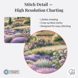 French Lavender Fields Cross Stitch Pattern, Provence France Flower Fields Embroidery, Floss Conversions