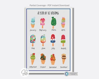 Schema per punto croce a tema gelato in PDF, grazioso pacchetto di ricami a tema dessert, disegni di cibo estivo, download immediato, 12 modelli