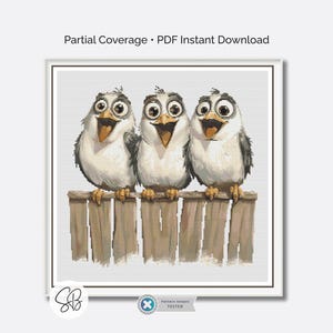 Funny Birds Cross Stitch Pattern, Seaside Seagull Bird Pattern, Nautical Seagulls Embroidery, Floss Conversions