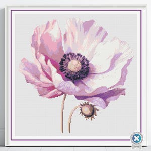 Patrón de punto de cruz de flor de anémona, diseño floral elegante, arte de punto floral, patrón de flor rosa, punto de cruz de flores, descarga digital