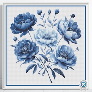 Patrón de punto de cruz de peonía, bordado de flores azules, punto de cruz floral moderno, elegante decoración botánica para el hogar, arte mural, idea de regalo hecha a mano