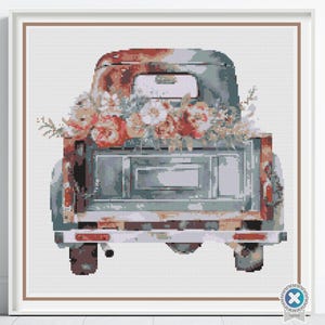 Vintage Truck Cross Stitch Pattern, Floral Country Truck Farmhouse Embroidery Decor, Yellow Flowers Rustic Needlework, Cottagecore Stitching