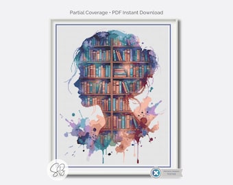 Schema per punto croce per amanti dei libri, silhouette di donna, design da biblioteca, doppia esposizione, arte moderna, schema di ricamo, download PDF, idea regalo