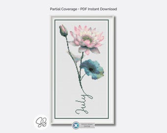 7月の誕生月の花のクロスステッチパターン、睡蓮の刺繍、即時ダウンロード、糸の変換