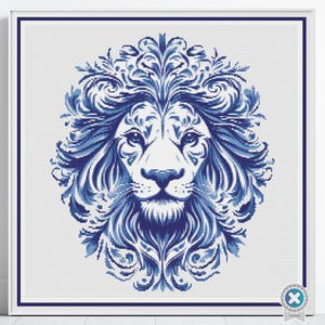 Delft Lion Cross Stitch Pattern, Blue & White Art Design, Delft Inspired Gift, Wildlife Cross Stitch, Dutch Porcelain Art, Instant Download