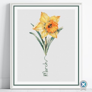 March Birth Month Flower Counted Cross Stitch PDF Pattern, Daffodil Cross Stitch Pattern, Instant Download, Modern Floral Cross Stitch Gift
