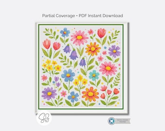 Schema per punto croce di fiori selvatici, design floreale pastello, giardino moderno, fiori ad acquerello, schema di ricamo, download PDF, decorazione luminosa, regalo
