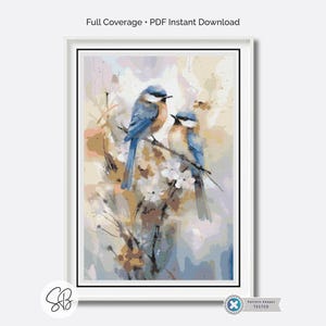 Patrón de punto de cruz de pájaros en acuarela, bordado de naturaleza en acuarela azul y gris, descargas instantáneas, PatternKeeper