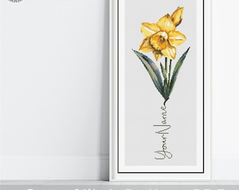 Personalized March Birth Month Flower Cross Stitch PDF Pattern, CUSTOM Daffodil Birth Month Flower Art, New Baby Gift, Digital Download
