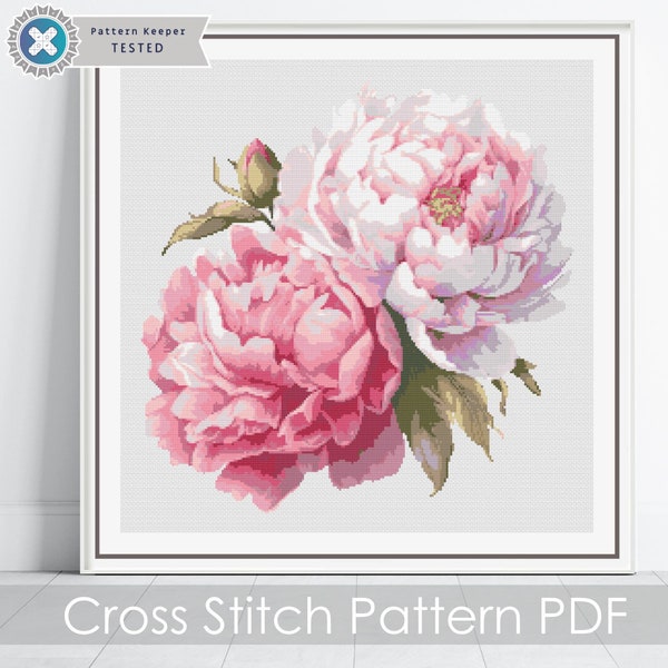 Peony Flowers Counted Cross Stitch PDF Pattern, Large Pink Peony Flowers Cross Stitch Pattern, Flowers PDF Pattern, Instant Download