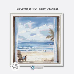 Patrón de punto de cruz con vista al mar, diseño de bordado de playa costera, ventana tropical, conversiones de hilo