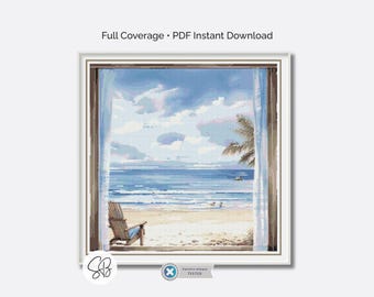 Ocean View Cross Stitch Pattern, Seaside Coastal Beach Embroidery Design, Tropical Window, Floss Conversions