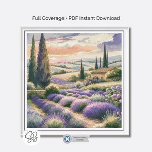 French Lavender Fields Cross Stitch Pattern, Provence France Flower Fields Embroidery, Floss Conversions